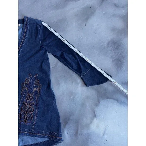 Soft Surroundings Stretch Denim Embroidery Tunic Jacket Sz PM Boho Button Front - Picture 9 of 11